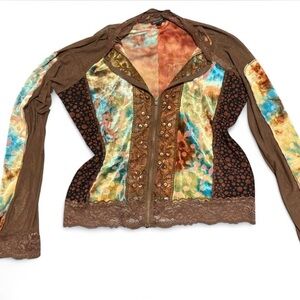 Y2K Piano Fairycore Beaded Mesh Zip Front Top Lace Trim Boho Corset Style M